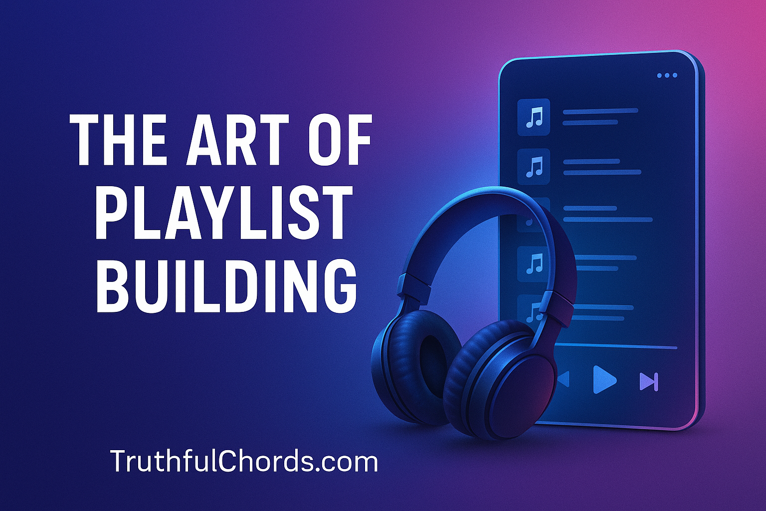 The Art of Playlist Building with headphones and music screen on colorful gradient background.